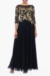 Betsy & Adam Metallic Embroidered Chiffon Gown In Black/ Gold