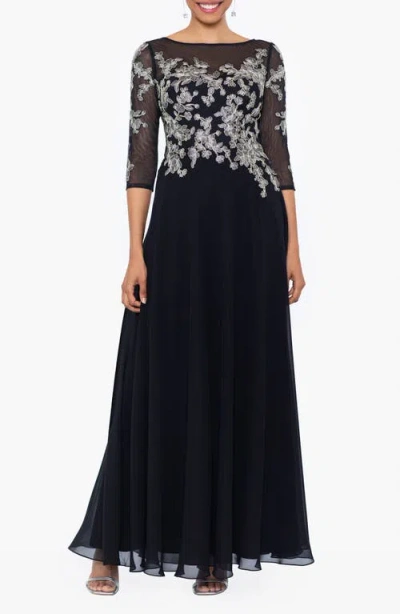 Betsy & Adam Petite Floral-embroidered Mesh Gown In Black Gold