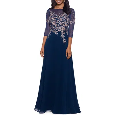 Betsy & Adam Petites Womens Embroidered Midi Evening Dress In Blue