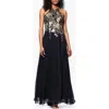 Betsy & Adam Metallic Embroidery Chiffon Gown In Black
