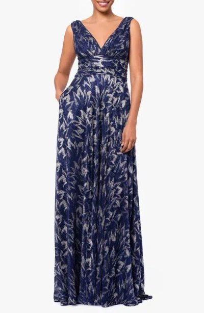 Betsy & Adam Metallic Floral A-line Gown In Navy/gunmetal