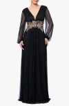 Betsy & Adam Metallic Floral Appliqué Long Sleeve Gown In Black/ Gold