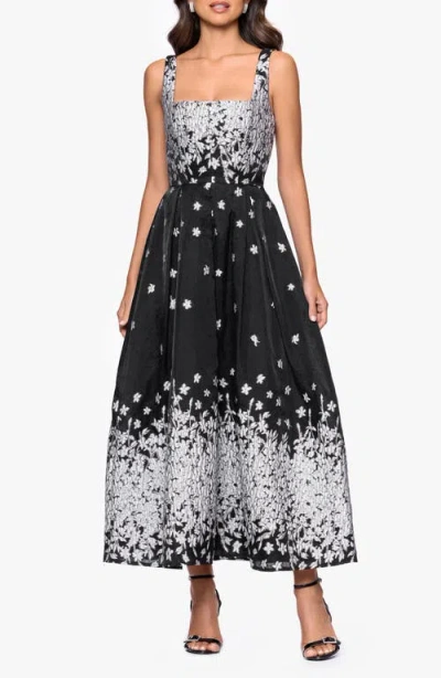 Betsy & Adam Metallic Floral Gown In Black