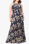 Betsy & Adam Plus Size Floral Foil Print Halter-neck Gown In Navy/ Gold