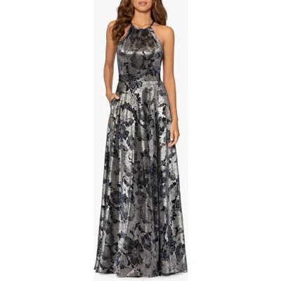 Betsy & Adam Metallic Floral Halter Top Gown In Gray
