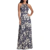 Betsy & Adam Metallic Floral Halter Top Gown In Navy/gold