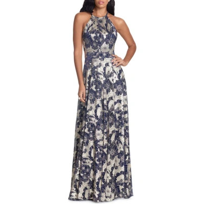 BETSY & ADAM BETSY & ADAM METALLIC FLORAL HALTER TOP GOWN