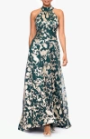 Betsy & Adam Petite High-neck Sleeveless A-line Gown In Green/gold