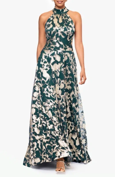 Betsy & Adam Women's Metallic-print Mock-neck Gown In Green,gold