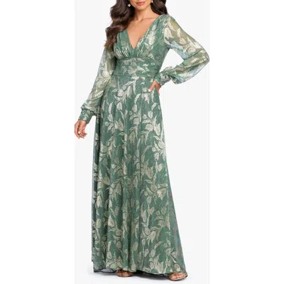 Betsy & Adam Metallic Floral Long Sleeve Crinkle Mesh Gown In Matcha/gld