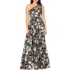 Betsy & Adam Metallic-floral One-shoulder Gown In Navy/gold