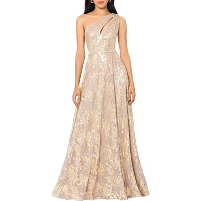 Betsy & Adam Metallic Floral One-shoulder Sheath Gown In White/pink/gold