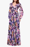 Betsy & Adam Metallic Floral Pleated Long Sleeve Gown In Purple Multi