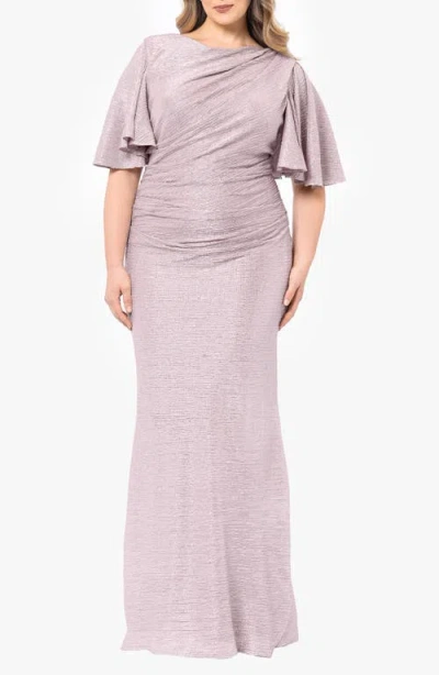 Betsy & Adam Metallic Flutter Sleeve Gown In Blush/ Silver