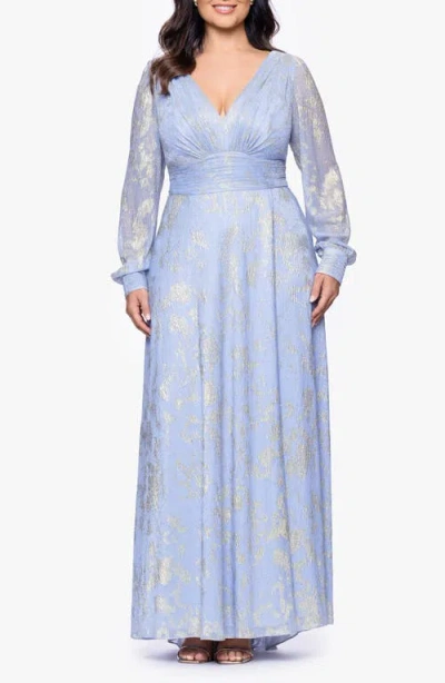 Betsy & Adam Metallic Jacquard Long Sleeve Gown In Blue