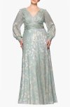 Betsy & Adam Foiled Gown In Sage/gold