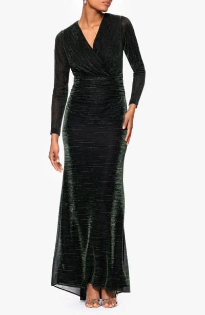 Betsy & Adam Metallic Long Sleeve Ruched Gown In Black/green