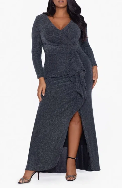 Betsy & Adam Plus Metallic Faux Wrap Gown In Black/silver