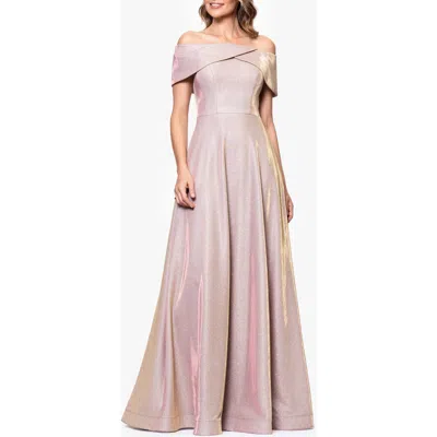 Betsy & Adam Metallic Off The Shoulder Ballgown In Pink