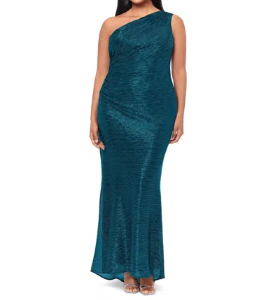 Betsy & Adam Metallic One-shoulder Gown In Teal In Blue