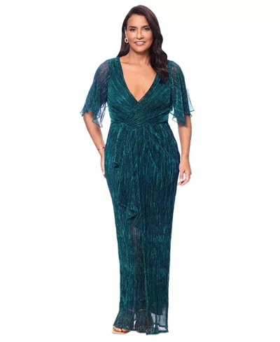 Betsy & Adam Metallic Ruffle Long Gown In Green In Blue