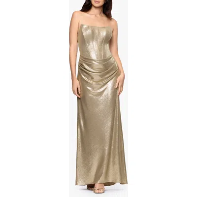 Betsy & Adam Metallic Strapless Gown In Brown