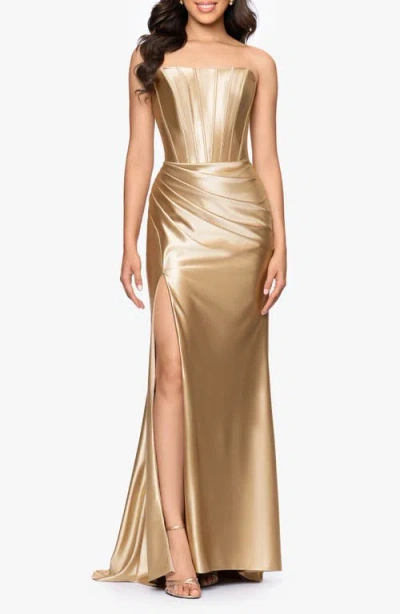 Betsy & Adam Metallic Strapless Mermaid Gown In Brown