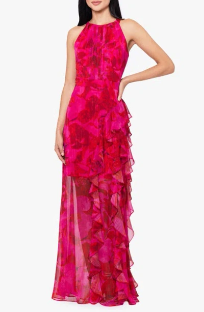 Betsy & Adam Metallic Stripe Floral Ruffle Chiffon Gown In Fuchsia/ Poppy