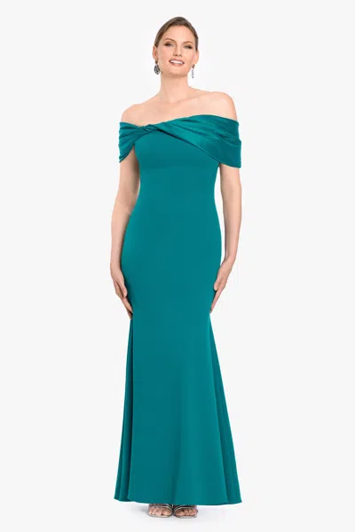 Betsy & Adam "michelle" Scuba Crepe Off The Shoulder Taffeta Trim Floor Length Dress In Blue