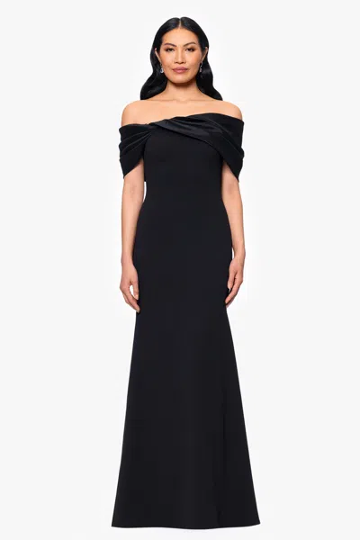 Betsy & Adam Off The Shoulder Scuba Crepe & Organza Sheath Gown In Black