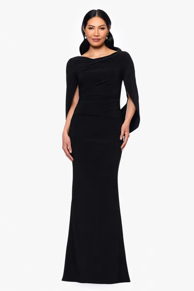 Betsy & Adam "miriam" Long Jersey Draped Back Gown In Black