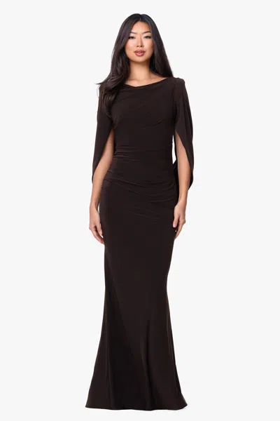 Betsy & Adam "miriam" Long Jersey Draped Back Gown In Brown