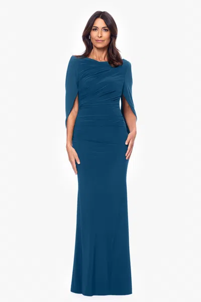 Betsy & Adam "miriam" Long Jersey Draped Back Gown In Blue
