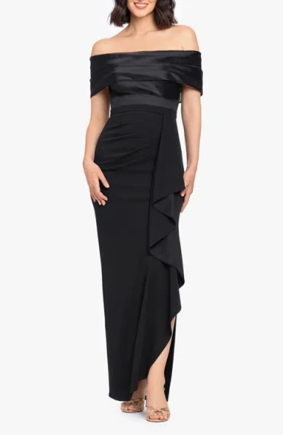Betsy & Adam Mixed Media Off The Shoulder Cascade Ruffle Gown In Black