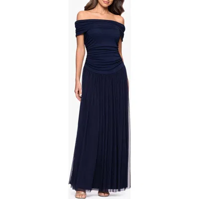 Betsy & Adam Mixed Media Off The Shoulder Gown In Blue