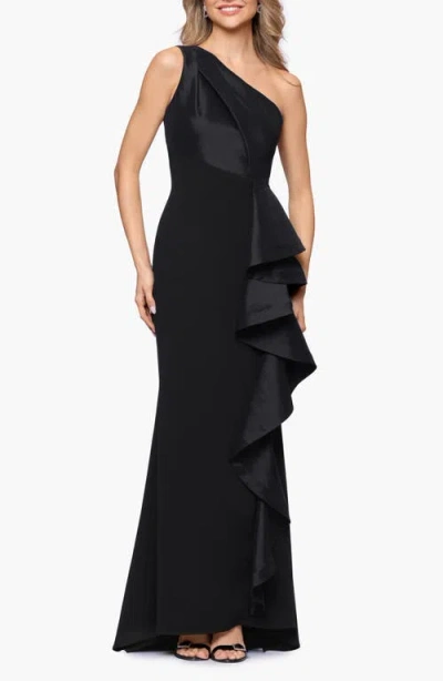 Betsy & Adam Mixed Media One-shoulder Ruffle Gown In Black