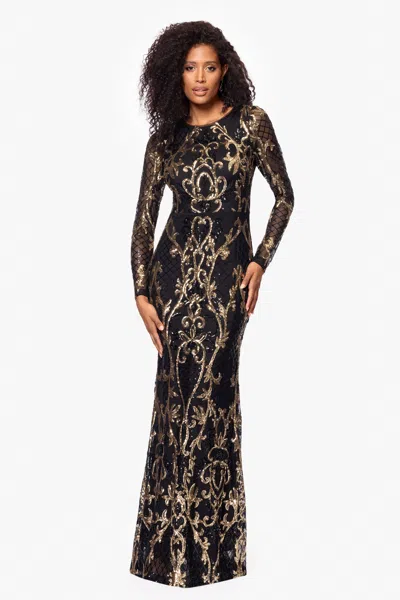 Betsy & Adam "nara" Long Sleeve Sequin Placement Gown In Multi
