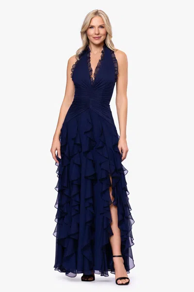 Betsy & Adam "noor" Sheer Matte Jersey V-neck Corkscrew Skirt Floor Length Dress In Blue