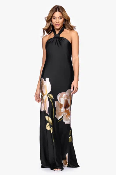 Betsy & Adam "nyla" Satin Printed Knot Neck Floor Length Dress In Black