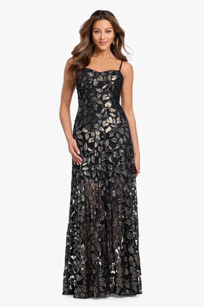 Betsy & Adam Metallic Leaf Burnout Gown In Black