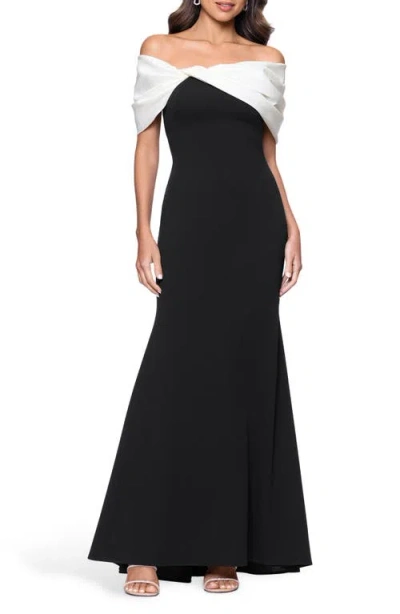 Betsy & Adam Off The Shoulder Crepe & Taffeta Sheath Gown In Black