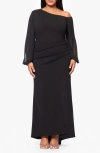 Betsy & Adam Plus Size Asymmetric Long-sleeve Gown In Black