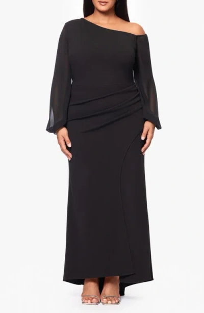 BETSY & ADAM BETSY & ADAM OFF THE SHOULDER LONG SLEEVE GOWN