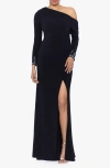 Betsy & Adam Off The Shoulder Long Sleeve Gown In Black/ Silver