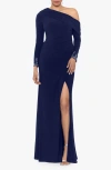 Betsy & Adam Women's Off-one-shoulder Beaded-cuff Gown In Navy/silver