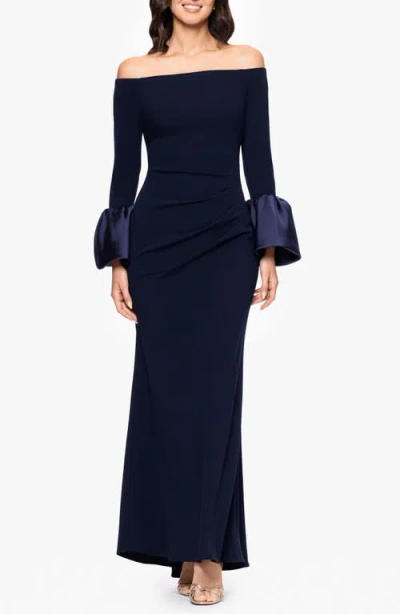 Betsy & Adam Off The Shoulder Long Sleeve Scuba Crepe Gown In Blue