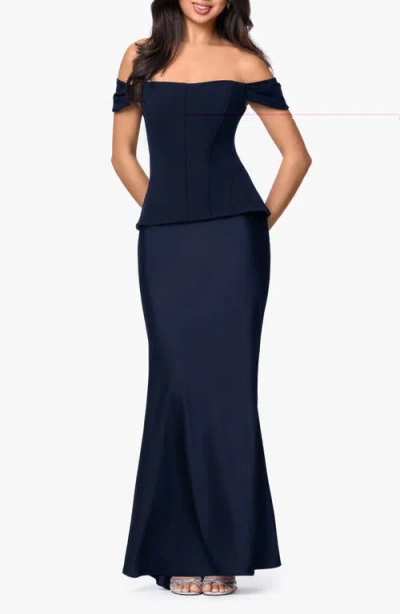 Betsy & Adam Off The Shoulder Mixed Media Gown In Blue