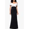 Betsy & Adam Off The Shoulder Scuba Crepe Gown. In Black