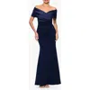 Betsy & Adam Off The Shoulder Scuba Crepe Gown. In Blue