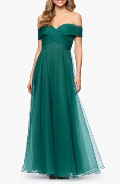 Betsy & Adam Off-the-shoulder Tulle Gown In Green